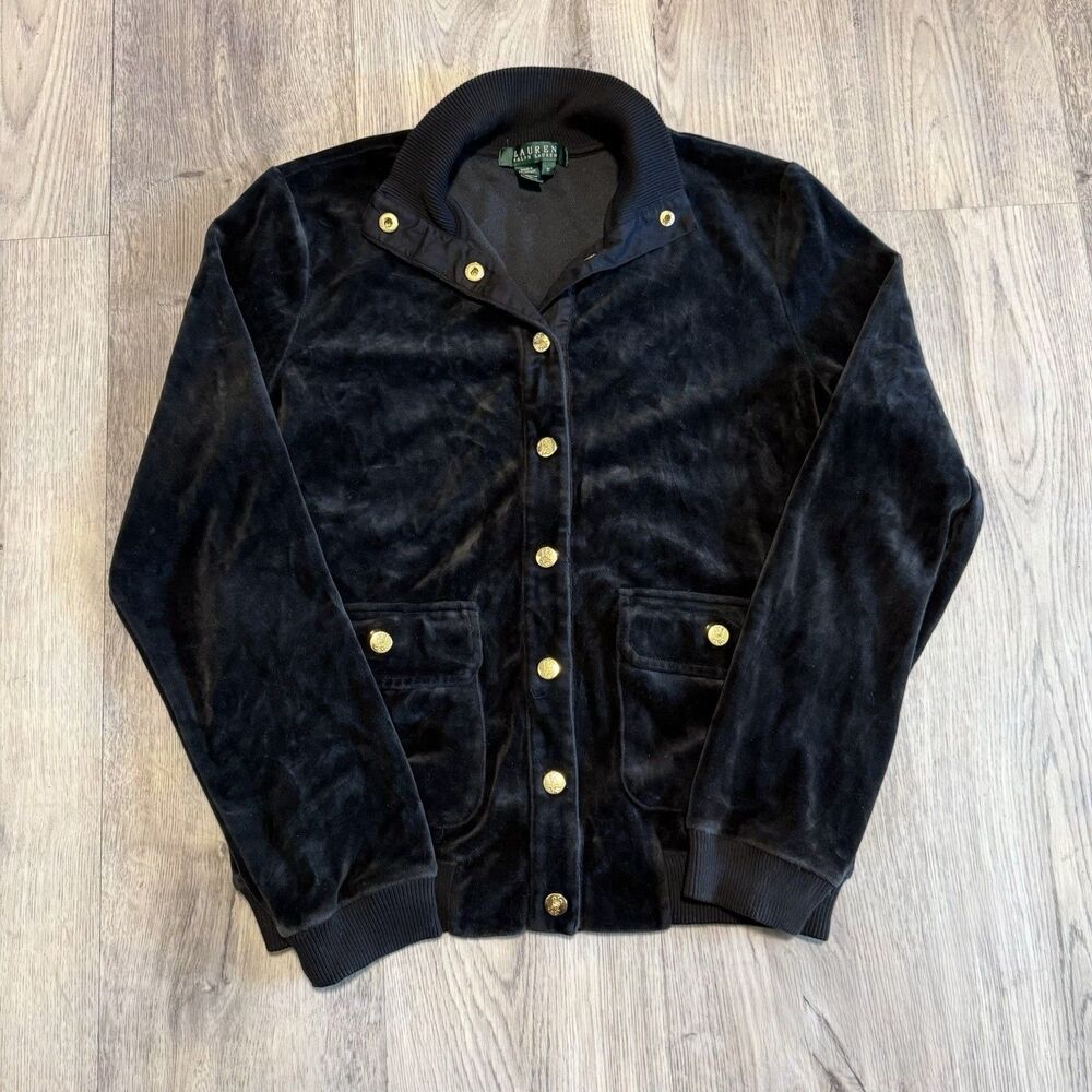 Lauren Ralph Lauren Vintage Black Velvet Jacket Gold Snap Buttons Size Medium - Picture 2 of 7